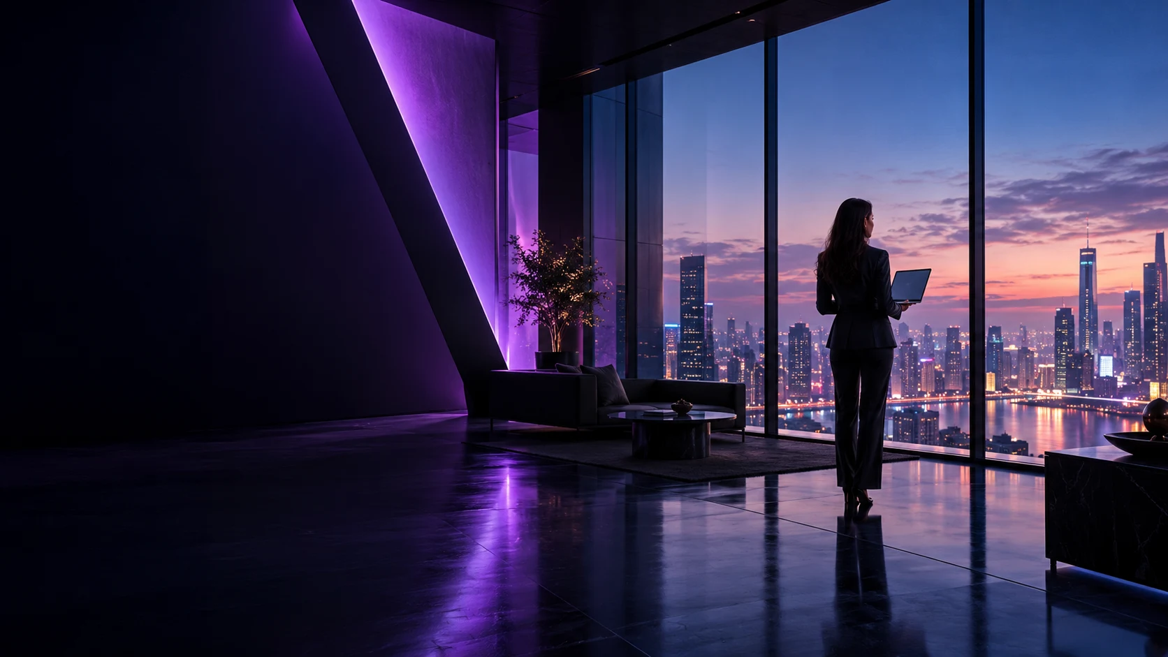 Architectural brand visual with amethyst lighting overlooking a city