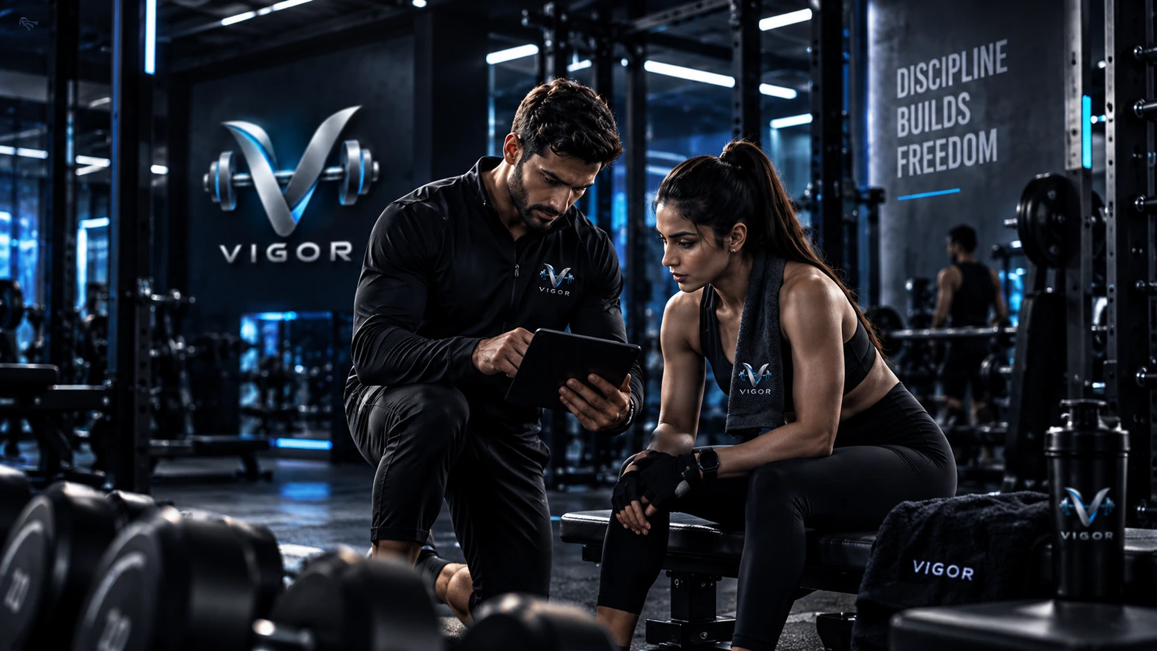 Trainer and member reviewing a training plan together in a Vigor-branded gym
